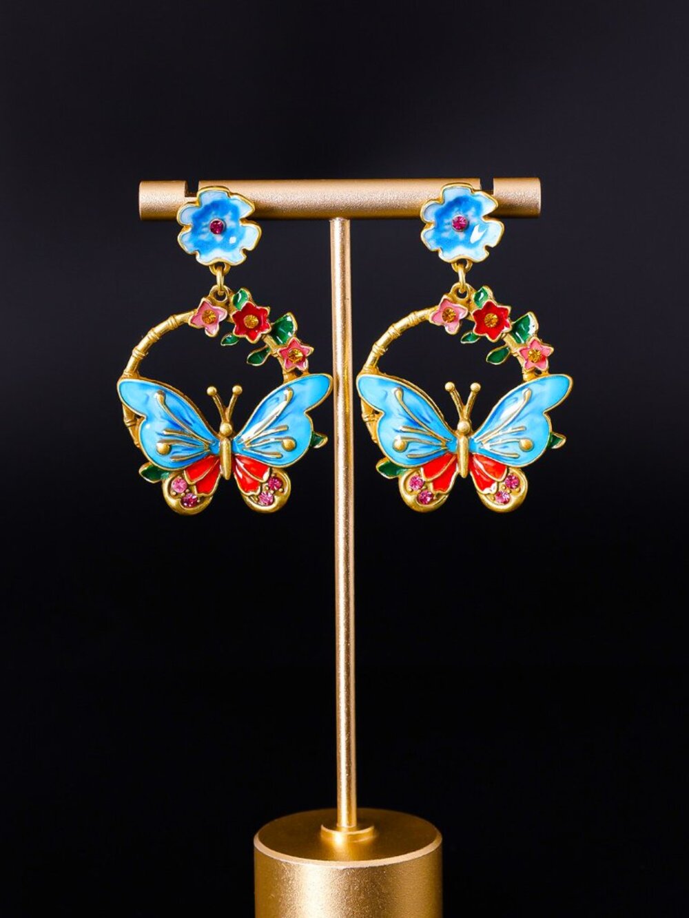 Blue Butterfly Flower Enamel Drop Earrings Vintage Style Boho Statement